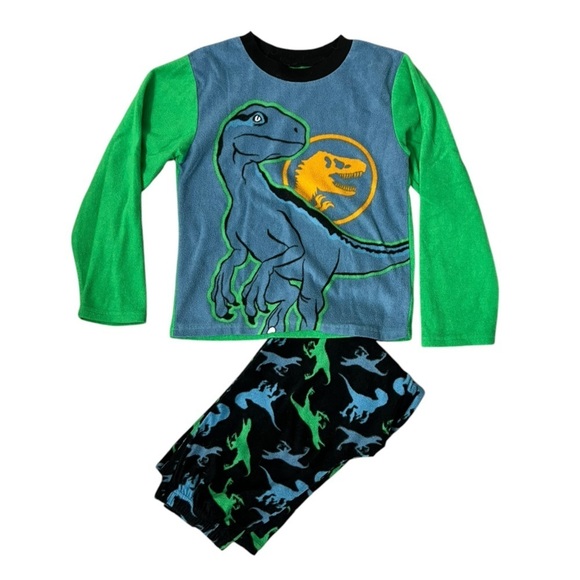 Boys Jurassic World Green/Blue & Black Pajama Set - Size Large (10) - Picture 1 of 8